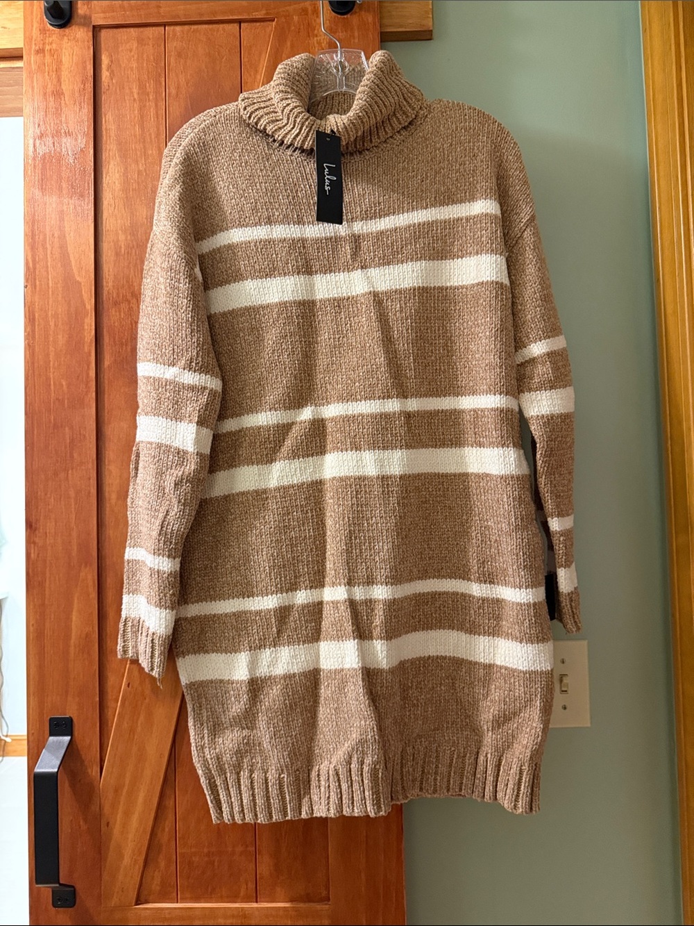 Lulu's Cream and Tan Striped Turtleneck Sweater Dress